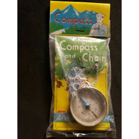Vintage Dimestore Toys Japan Compass on a Chain Toy New In Package - Picture 1 of 3